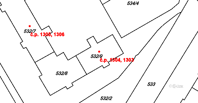 Kopřivnice 1303,1304 na parcele st. 532/8 v KÚ Kopřivnice, Katastrální mapa
