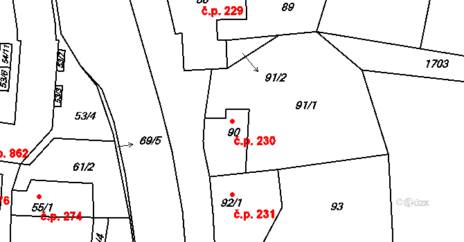 Kamenice nad Lipou 230 na parcele st. 90 v KÚ Kamenice nad Lipou, Katastrální mapa
