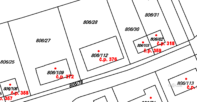 Těchov 376, Blansko na parcele st. 806/112 v KÚ Těchov, Katastrální mapa