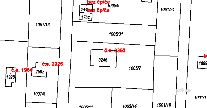 Litice 3353, Plzeň na parcele st. 3246 v KÚ Valcha, Katastrální mapa