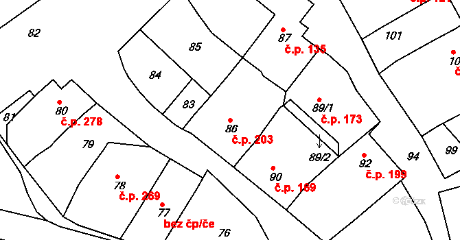 Borkovany 203 na parcele st. 86 v KÚ Borkovany, Katastrální mapa