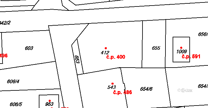 Horní Moštěnice 400 na parcele st. 412 v KÚ Horní Moštěnice, Katastrální mapa
