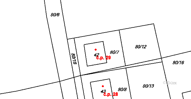 Dolní Miletín 29, Lišov na parcele st. 42 v KÚ Dolní Miletín, Katastrální mapa