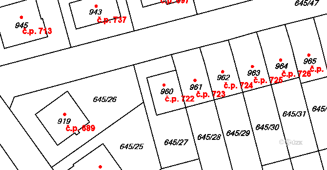 Lišov 722 na parcele st. 960 v KÚ Lišov, Katastrální mapa