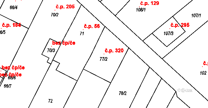 Ostrovačice 320 na parcele st. 77/2 v KÚ Ostrovačice, Katastrální mapa