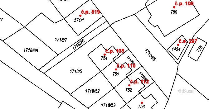Brtnice 105 na parcele st. 754 v KÚ Brtnice, Katastrální mapa