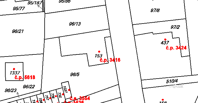 Jihlava 3416 na parcele st. 153 v KÚ Bedřichov u Jihlavy, Katastrální mapa