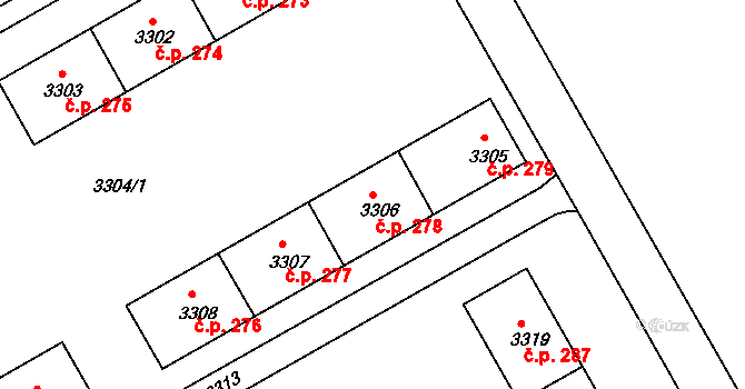 Lyžbice 278, Třinec na parcele st. 3306 v KÚ Lyžbice, Katastrální mapa