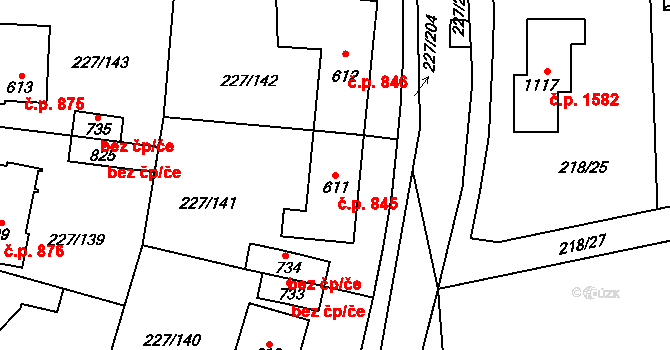 Švermov 845, Kladno na parcele st. 611 v KÚ Hnidousy, Katastrální mapa