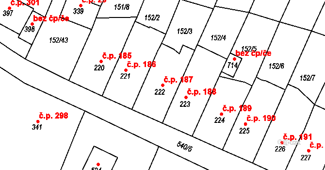 Hostomice 187 na parcele st. 222 v KÚ Hostomice nad Bílinou, Katastrální mapa