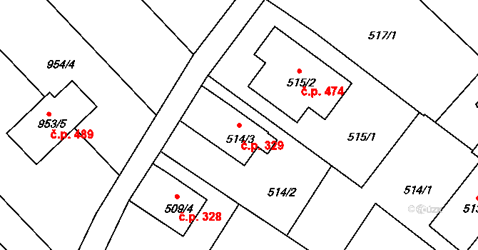Křelov 329, Křelov-Břuchotín na parcele st. 514/3 v KÚ Křelov, Katastrální mapa
