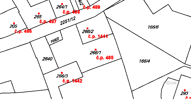 Uničov 485 na parcele st. 266/1 v KÚ Uničov, Katastrální mapa