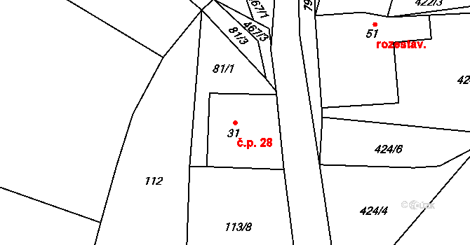 Kotelice 28, Třebušín na parcele st. 31 v KÚ Kotelice, Katastrální mapa