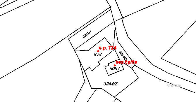 Rožnov pod Radhoštěm 724 na parcele st. 978 v KÚ Rožnov pod Radhoštěm, Katastrální mapa