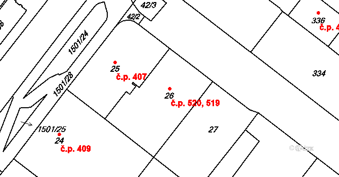 Štýřice 519,520, Brno na parcele st. 26 v KÚ Štýřice, Katastrální mapa