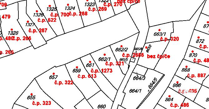 Líšeň 321, Brno na parcele st. 662/1 v KÚ Líšeň, Katastrální mapa