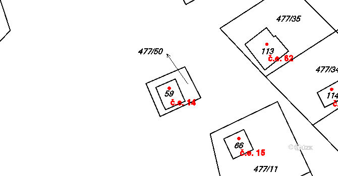Hryzely 14, Barchovice na parcele st. 59 v KÚ Hryzely, Katastrální mapa