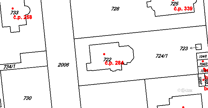 Bubeneč 284, Praha na parcele st. 722 v KÚ Bubeneč, Katastrální mapa