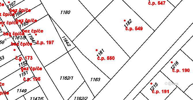 Těšice 550, Mikulčice na parcele st. 1181 v KÚ Mikulčice, Katastrální mapa