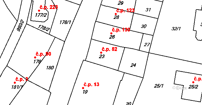Řícmanice 52 na parcele st. 23 v KÚ Řícmanice, Katastrální mapa