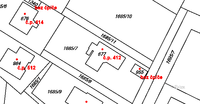 Mirošov 412 na parcele st. 677 v KÚ Mirošov, Katastrální mapa