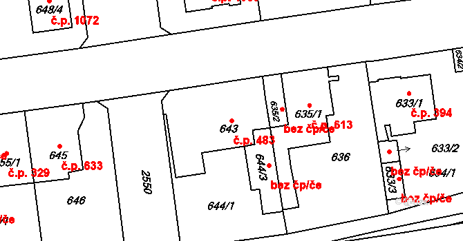 Skvrňany 483, Plzeň na parcele st. 643 v KÚ Skvrňany, Katastrální mapa