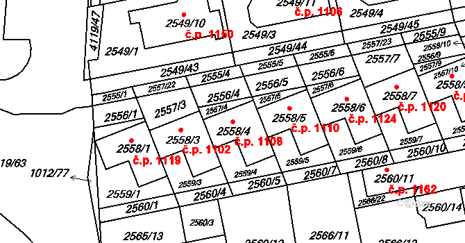 Komín 1108, Brno na parcele st. 2558/4 v KÚ Komín, Katastrální mapa