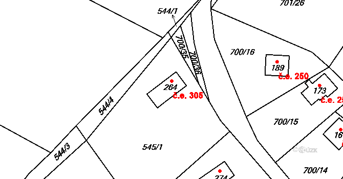 Dubiny 305, Velké Popovice na parcele st. 264 v KÚ Lojovice, Katastrální mapa