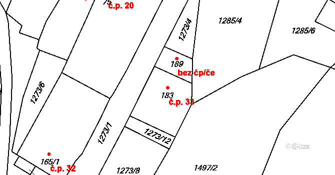 Růžkovy Lhotice 33, Čechtice na parcele st. 183 v KÚ Černičí, Katastrální mapa