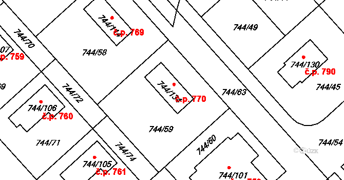 Kolovraty 770, Praha na parcele st. 744/134 v KÚ Kolovraty, Katastrální mapa