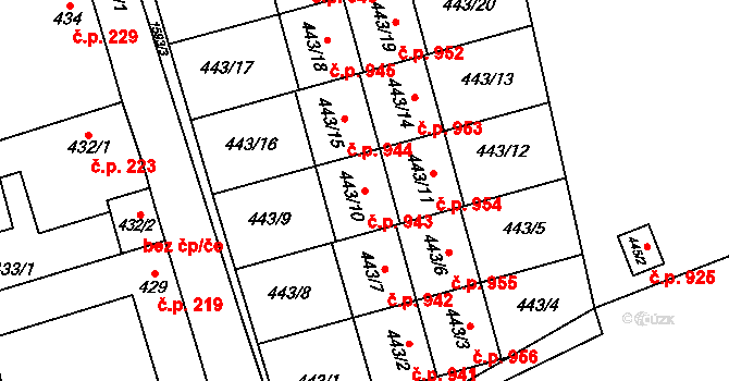 Řeporyje 943, Praha na parcele st. 443/10 v KÚ Řeporyje, Katastrální mapa