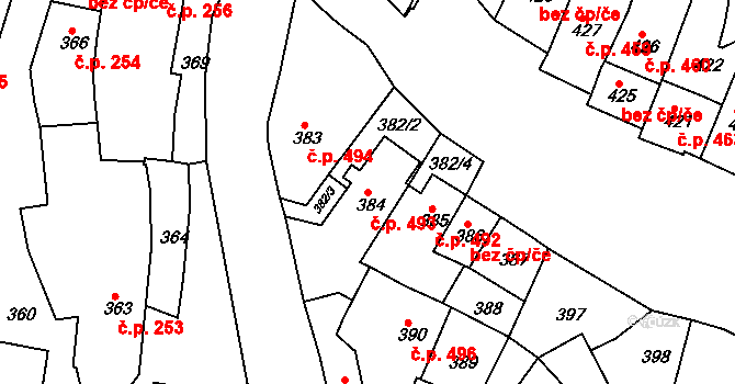 Jemnice 493 na parcele st. 384 v KÚ Jemnice, Katastrální mapa