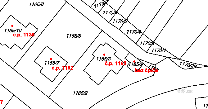 Jemnice 1163 na parcele st. 1165/8 v KÚ Jemnice, Katastrální mapa