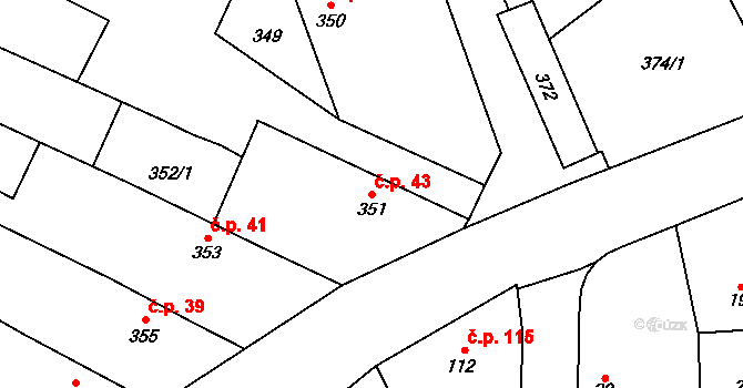 Chlebičov 43 na parcele st. 351 v KÚ Chlebičov, Katastrální mapa