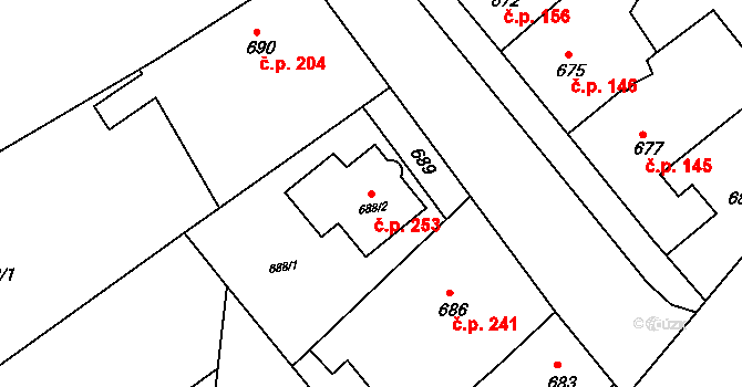 Pustiměřské Prusy 253, Pustiměř na parcele st. 688/2 v KÚ Pustiměř, Katastrální mapa