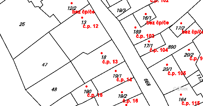 Štěchovice 13 na parcele st. 18 v KÚ Štěchovice u Prahy, Katastrální mapa