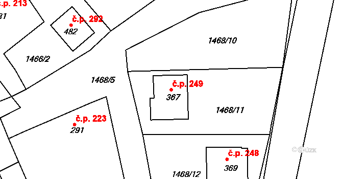 Pocinovice 249 na parcele st. 367 v KÚ Pocinovice, Katastrální mapa