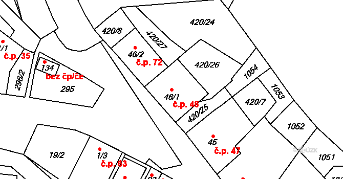 Holešín 48, Rájec-Jestřebí na parcele st. 46/1 v KÚ Holešín, Katastrální mapa