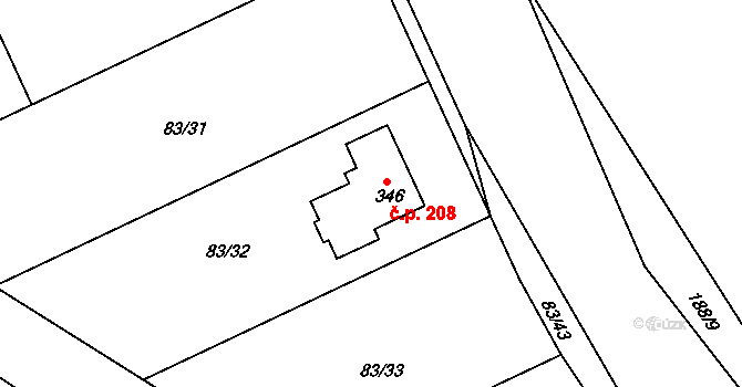 Písty 208 na parcele st. 346 v KÚ Písty u Nymburka, Katastrální mapa