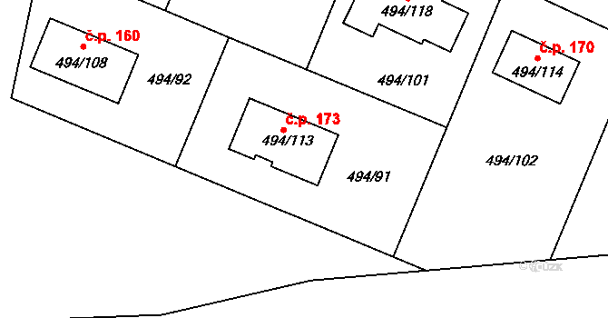Černotín 173 na parcele st. 494/113 v KÚ Černotín, Katastrální mapa