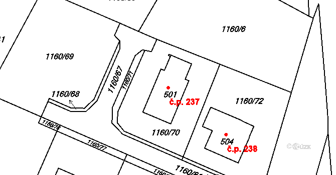 Hrabyně 237 na parcele st. 501 v KÚ Hrabyně, Katastrální mapa