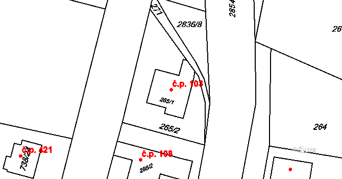 Bartošovice 103 na parcele st. 265/1 v KÚ Bartošovice, Katastrální mapa