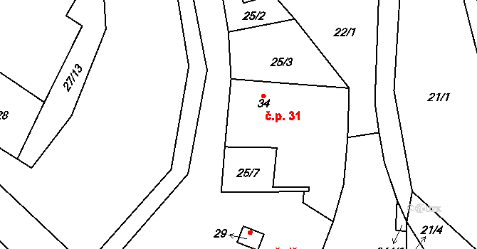 Simtany 31, Pohled na parcele st. 34 v KÚ Simtany, Katastrální mapa