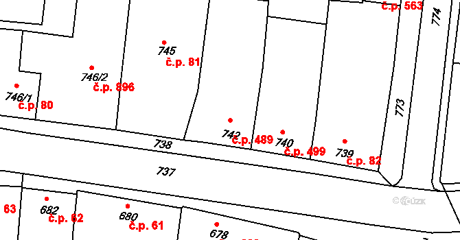 Klobouky u Brna 489 na parcele st. 742 v KÚ Klobouky u Brna, Katastrální mapa