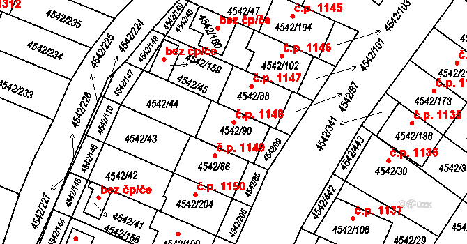 Hustopeče 1148 na parcele st. 4542/90 v KÚ Hustopeče u Brna, Katastrální mapa