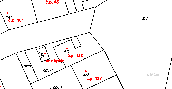 Běrunice 188 na parcele st. 4/1 v KÚ Běrunice, Katastrální mapa