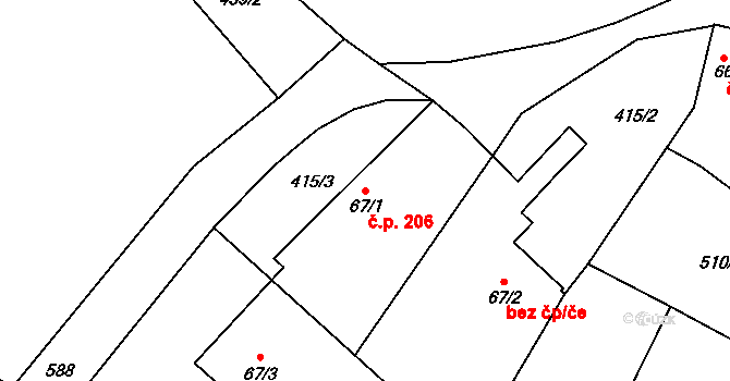 Bašť 206 na parcele st. 67/1 v KÚ Bašť, Katastrální mapa
