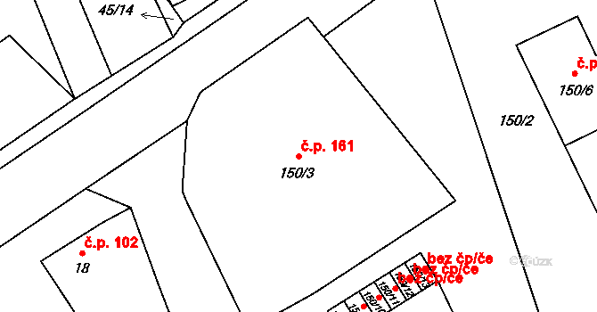 Provodín 161 na parcele st. 150/3 v KÚ Provodín, Katastrální mapa