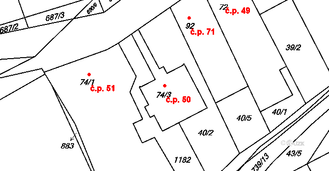 Hořešovice 50 na parcele st. 74/3 v KÚ Hořešovice, Katastrální mapa