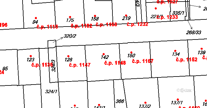 Švermov 1148, Kladno na parcele st. 142 v KÚ Hnidousy, Katastrální mapa